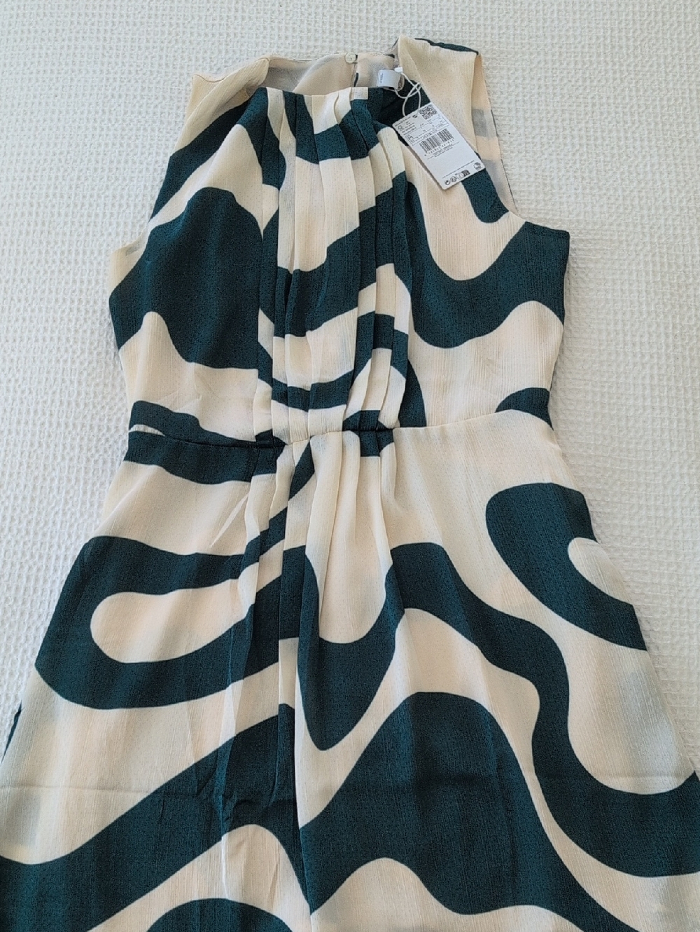 Mango Cream and Dark Green Abstract Print Mini Dress